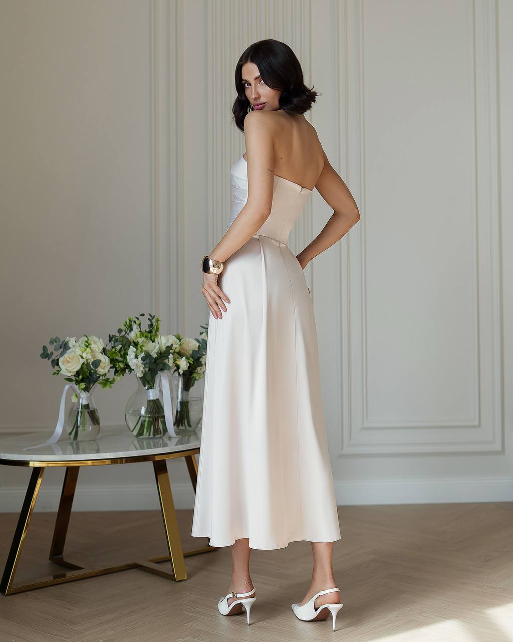 Elegant Premium Dense Satin Strapless Midi Dress for Women
