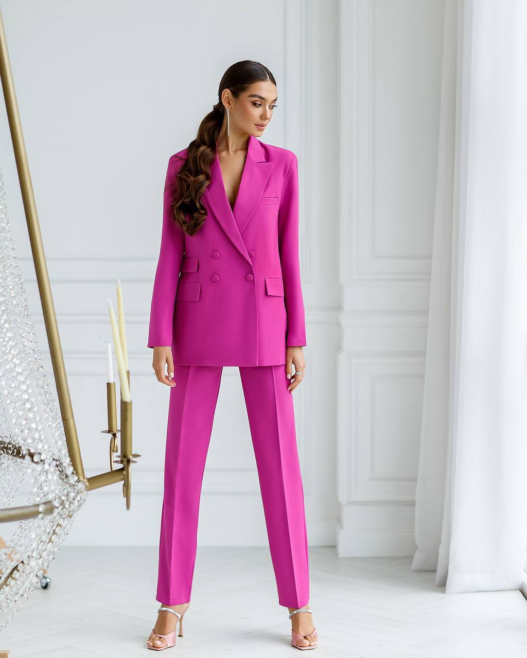 Luxury Diagonal Crepe Women's Suit in Violet with Tailored Jacket and Pants