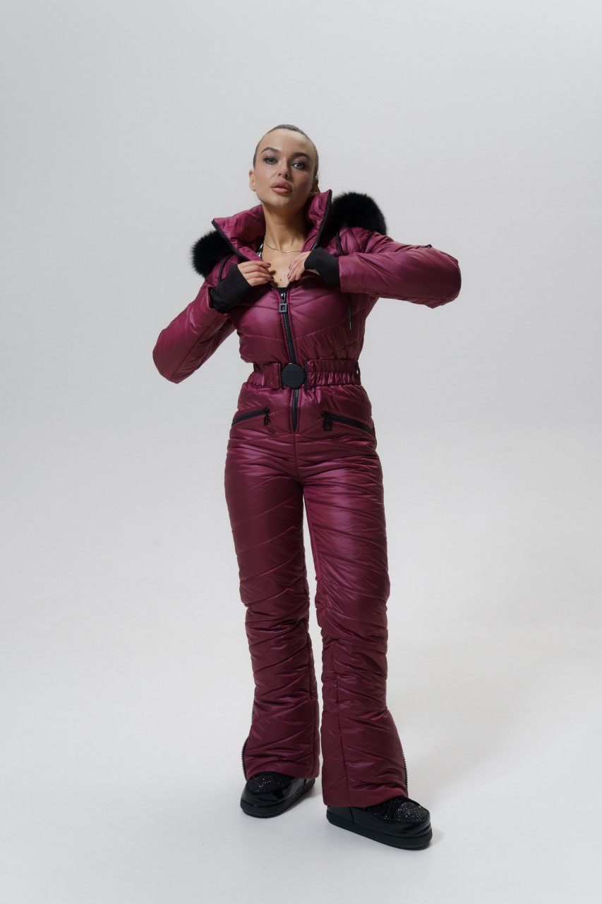 Person wearing a maroon snowsuit on a white background