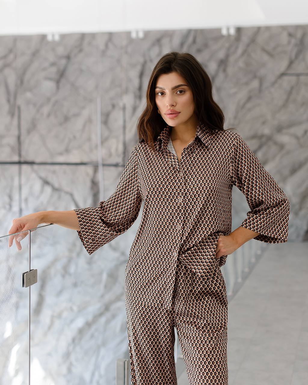 Womens Premium Printed Silk Suit Cropped Shirt and Trousers