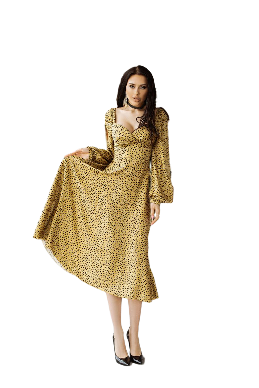 Yellow Polka Dot Long Sleeve Midi Dress for Women