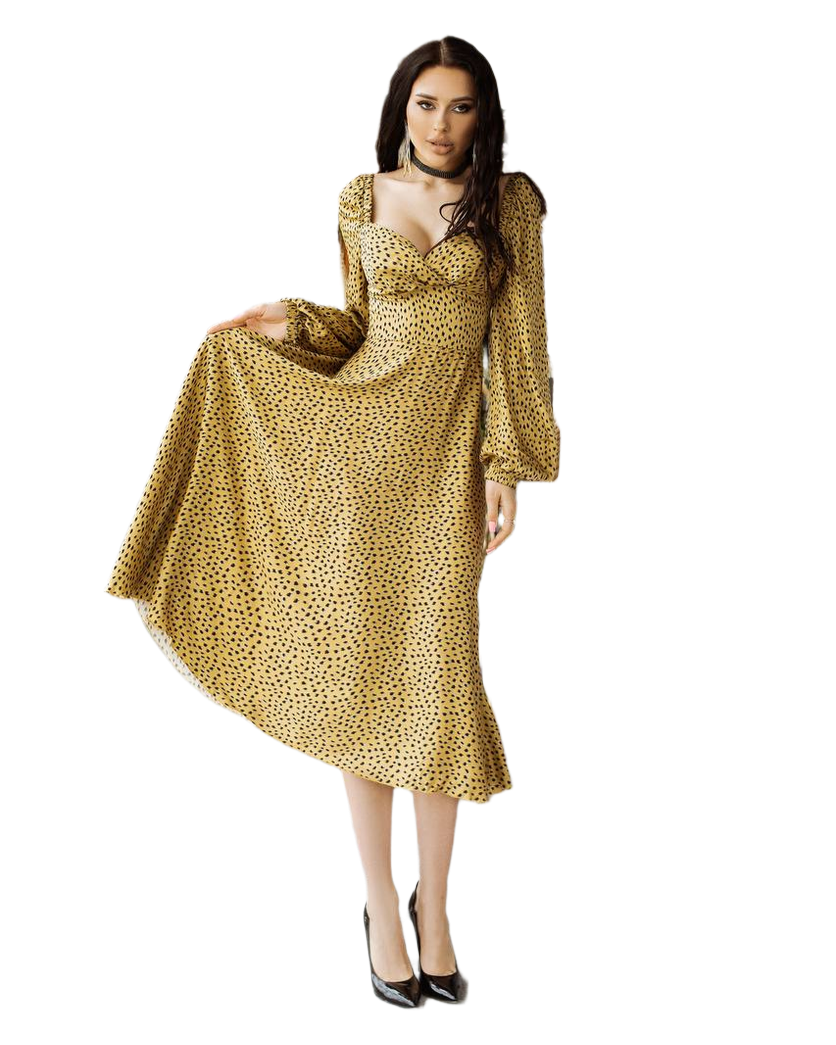 Yellow Polka Dot Long Sleeve Midi Dress for Women