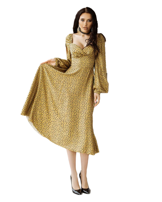 Yellow Polka Dot Long Sleeve Midi Dress for Women