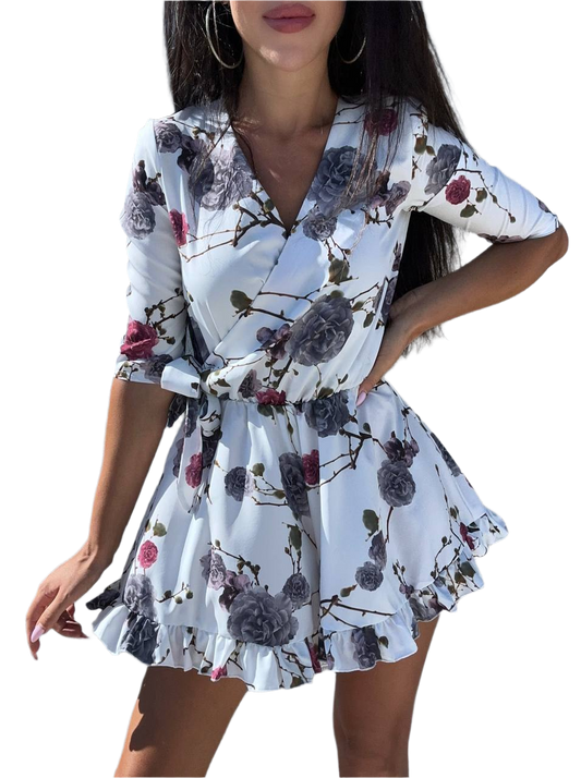 Womens Floral Breeze Jumpsuit with Ruffle Hem and Tie Waist