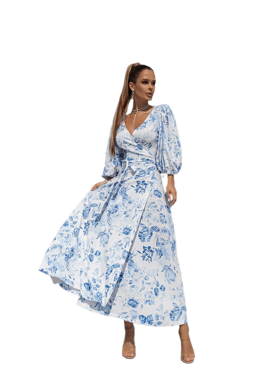 Linen Wrap Sundress with Blue Floral Print for Women