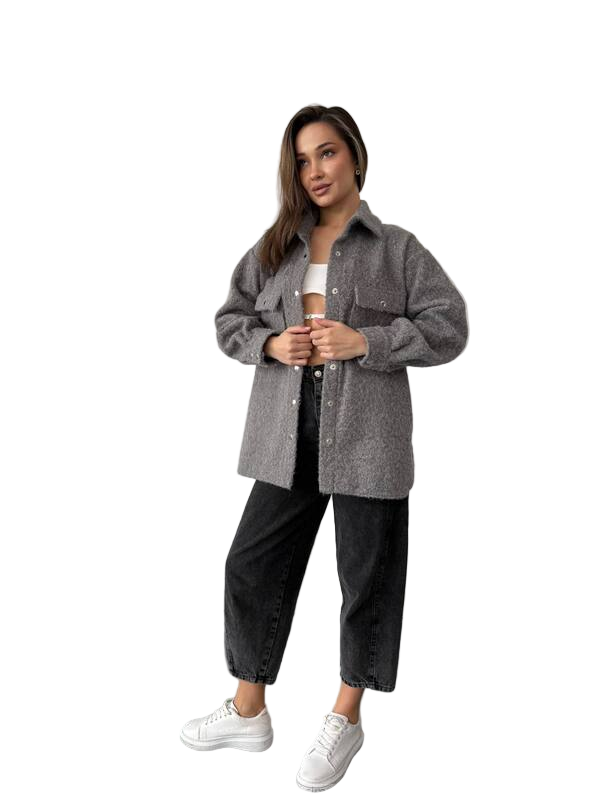 Stylish Women's Grey Bouclé Wool Shirt Jacket with Metal Buttons