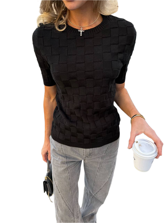 Womens Black Textured Knit T-Shirt
