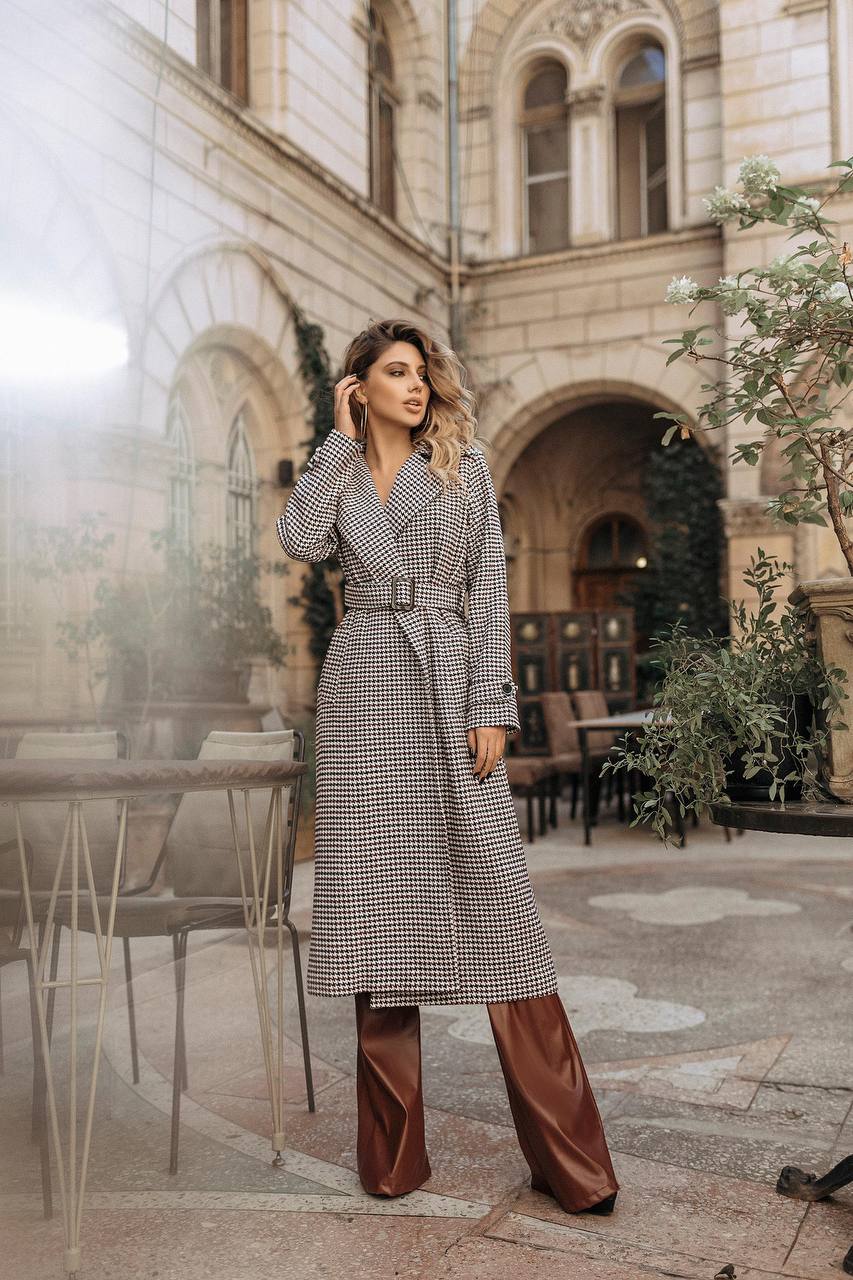 Womens Turkish Fabric Houndstooth Pattern Coat Long Trench Style Belted