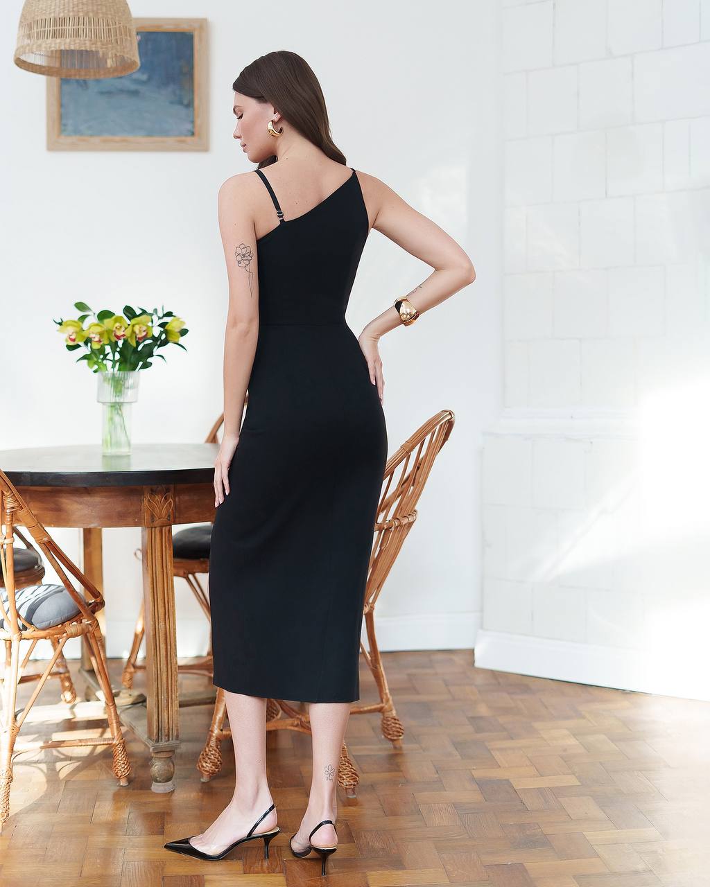 Elegant Asymmetric Neck Midi Dress with Side Slit in Premium Diagonal Crepe