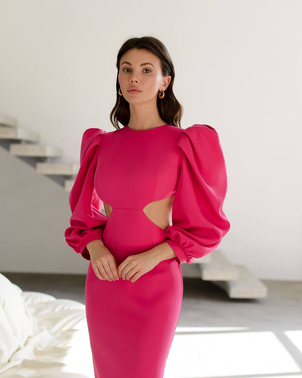 Elegant Midi Dress For Women In Premium Suit Diagonal Fabric