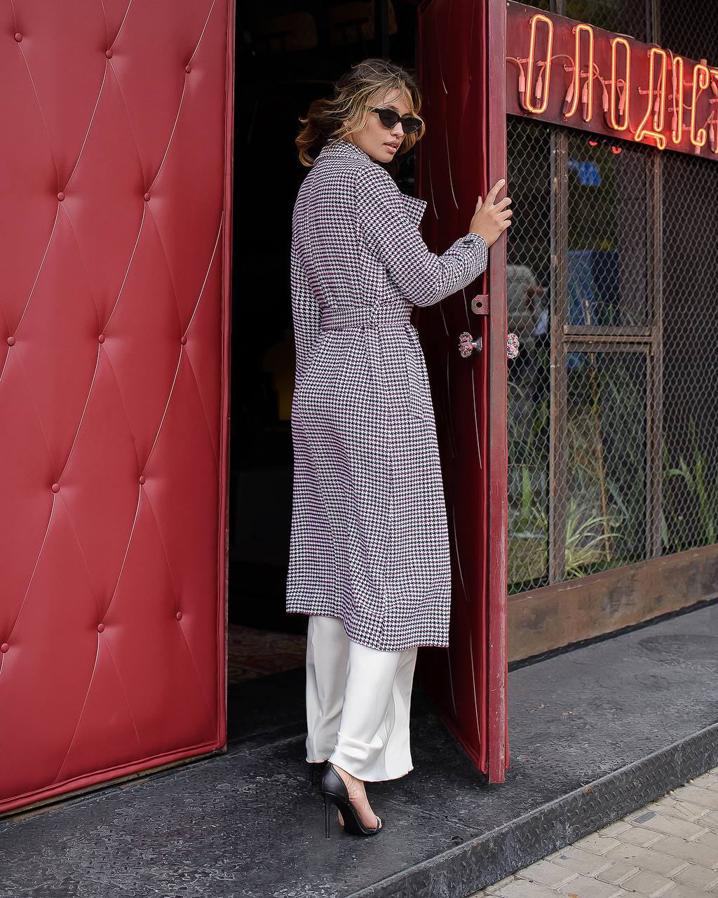 Womens Turkish Fabric Houndstooth Pattern Coat Long Trench Style Belted