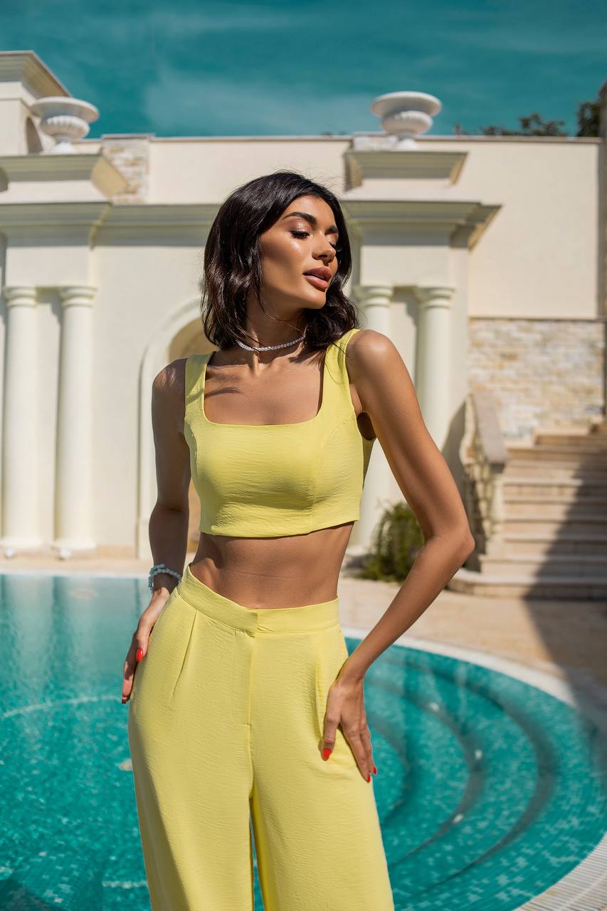 Womens Two Piece Suit Set Wide Leg Pants and Crop Top in American Crepe