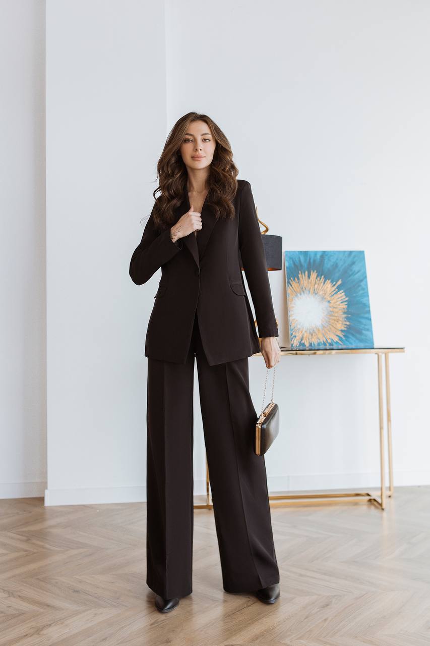 Black Palazzo Suit for Women Diagonal Crepe Tailored Wide Leg Pantsuit
