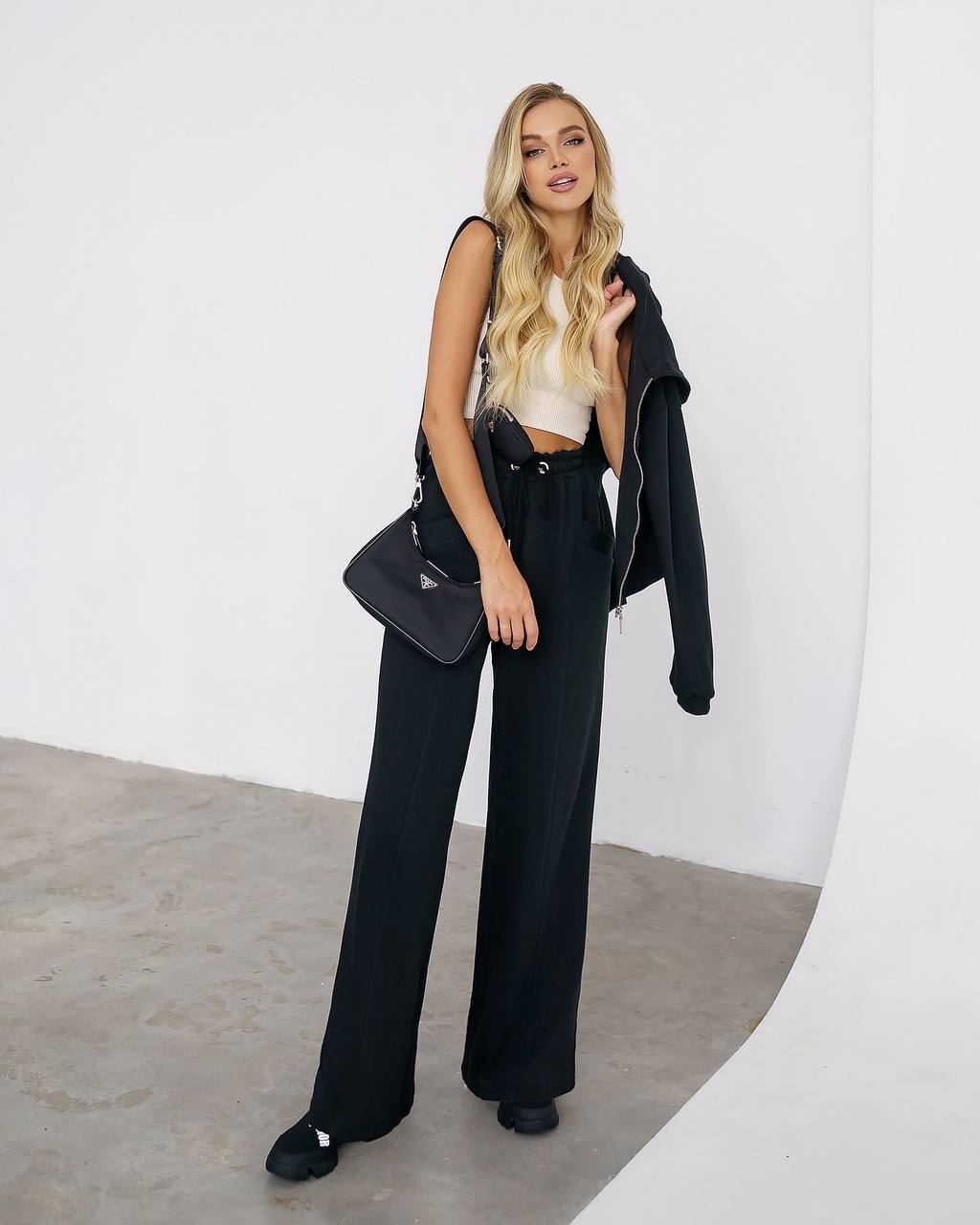 Women Black Cotton Knit Casual Wide Leg Pants