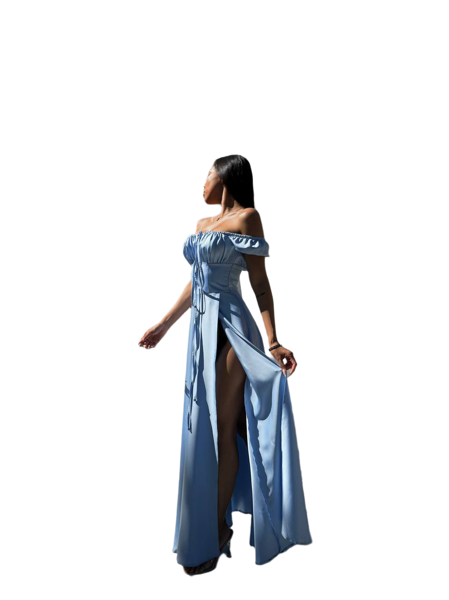 Elegant Light Blue Satin Off Shoulder Dress for Women