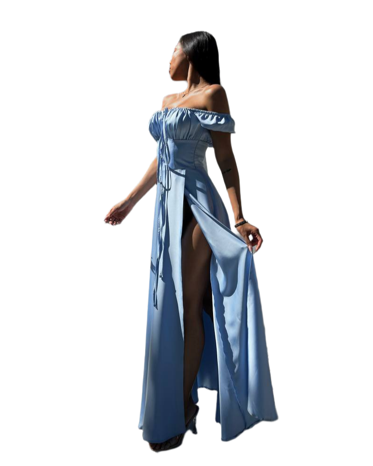 Elegant Light Blue Satin Off Shoulder Dress for Women