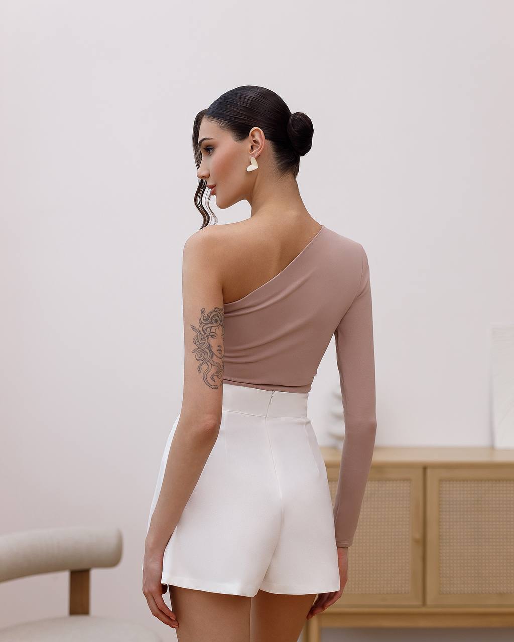Womens One Sleeve Top with Cutout Dense Jersey Knit