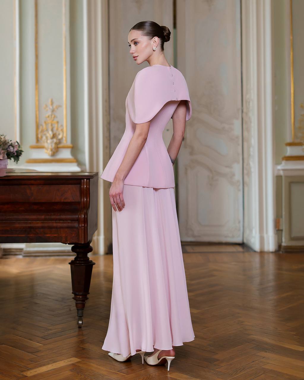 Elegant Corset Dress Set with Cape in Premium Crepe and Chiffon