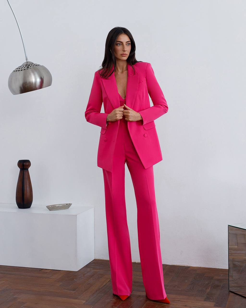 Prom Bridal Wedding Cocktail Graduation Pink Three-Piece Women Suit Jacket Top Trousers Pantsuit Palazzo Pants
