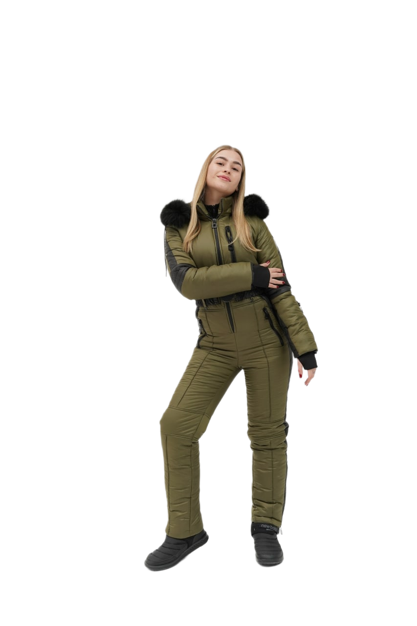 Person wearing a green winter suit with black fur trim on a white background