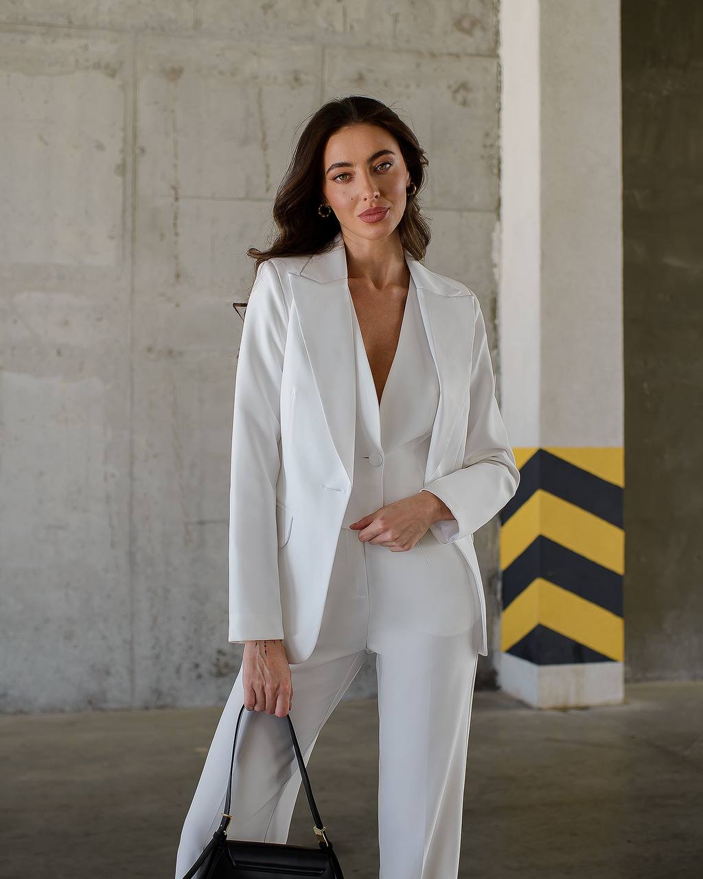 Womens Premium Diagonal Crepe Suit with Satin Collar in White