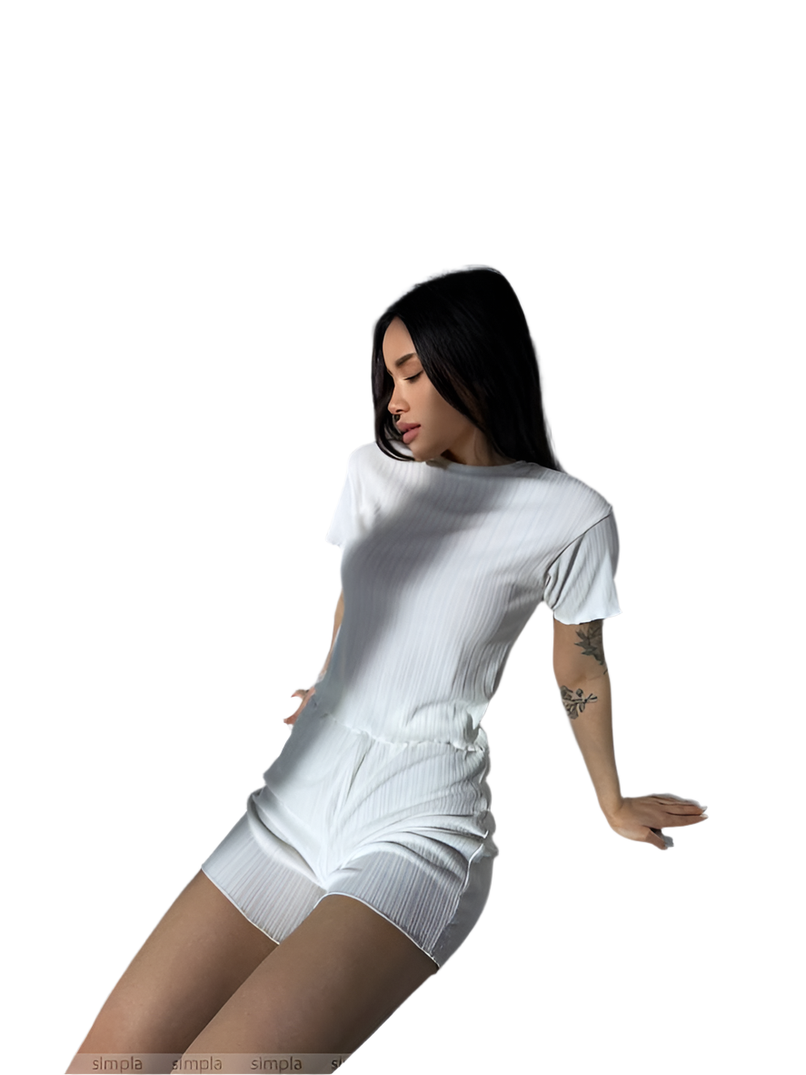 Woman wearing a white outfit on a white background