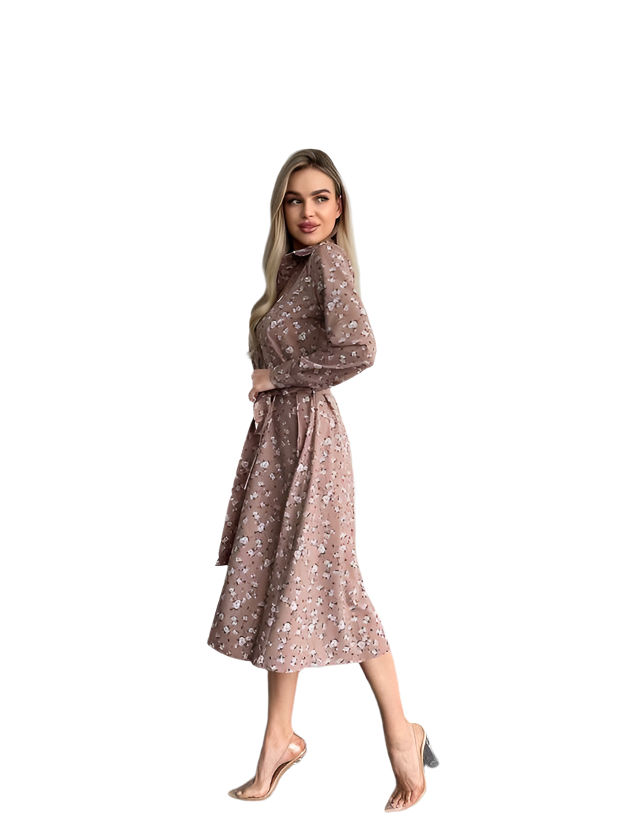 Woman wearing a floral dress on a white background