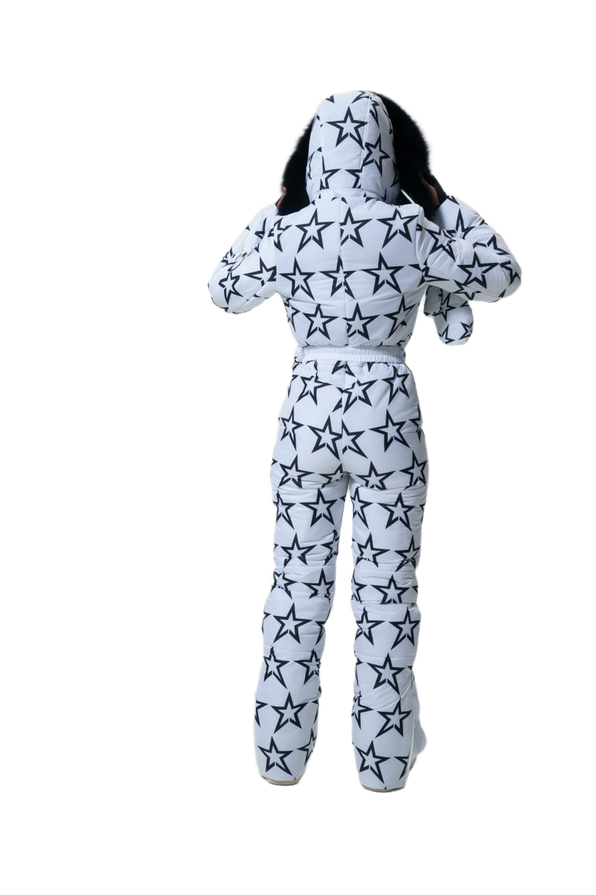 White onesie with black star pattern on a white background