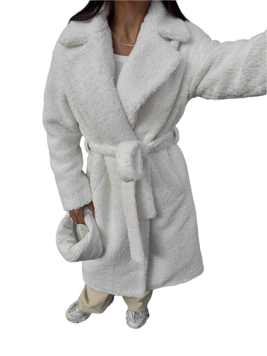 Person wearing a gray plush robe on a white background