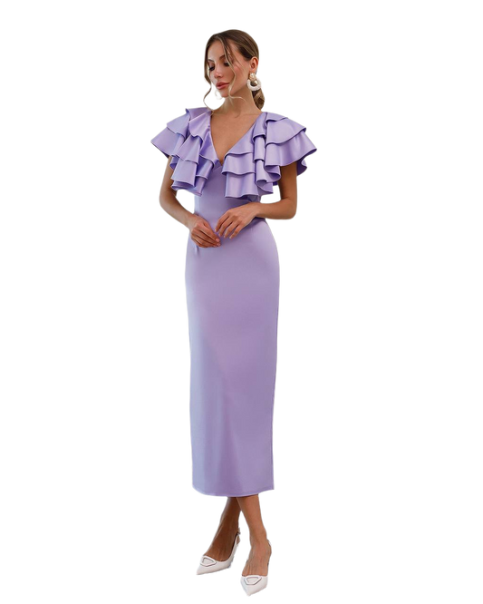 Elegant Midi Dress in Dense Mango Satin with Ruffles