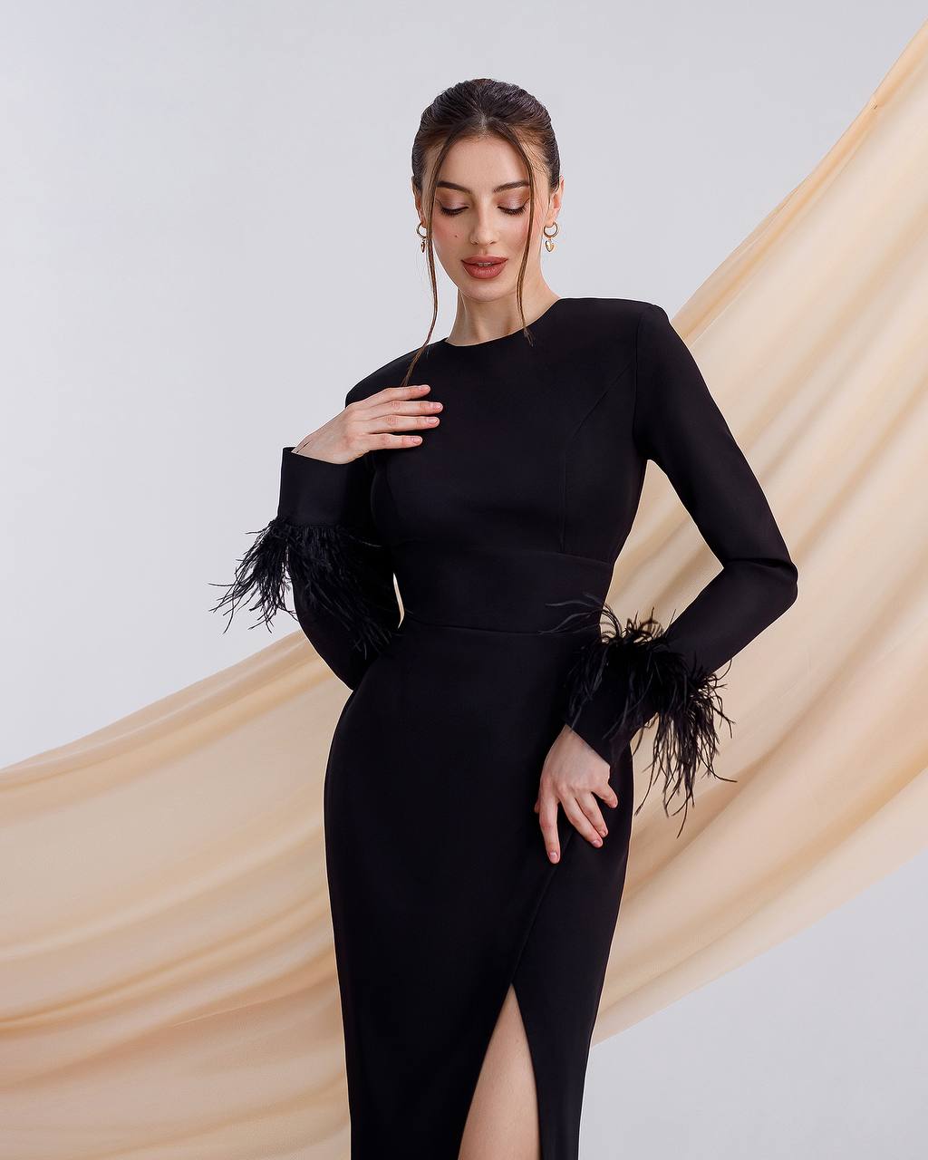 Women Midi Dress Premium Crepe-Diagonal Feather Accents in Black Red Milk-White Blue