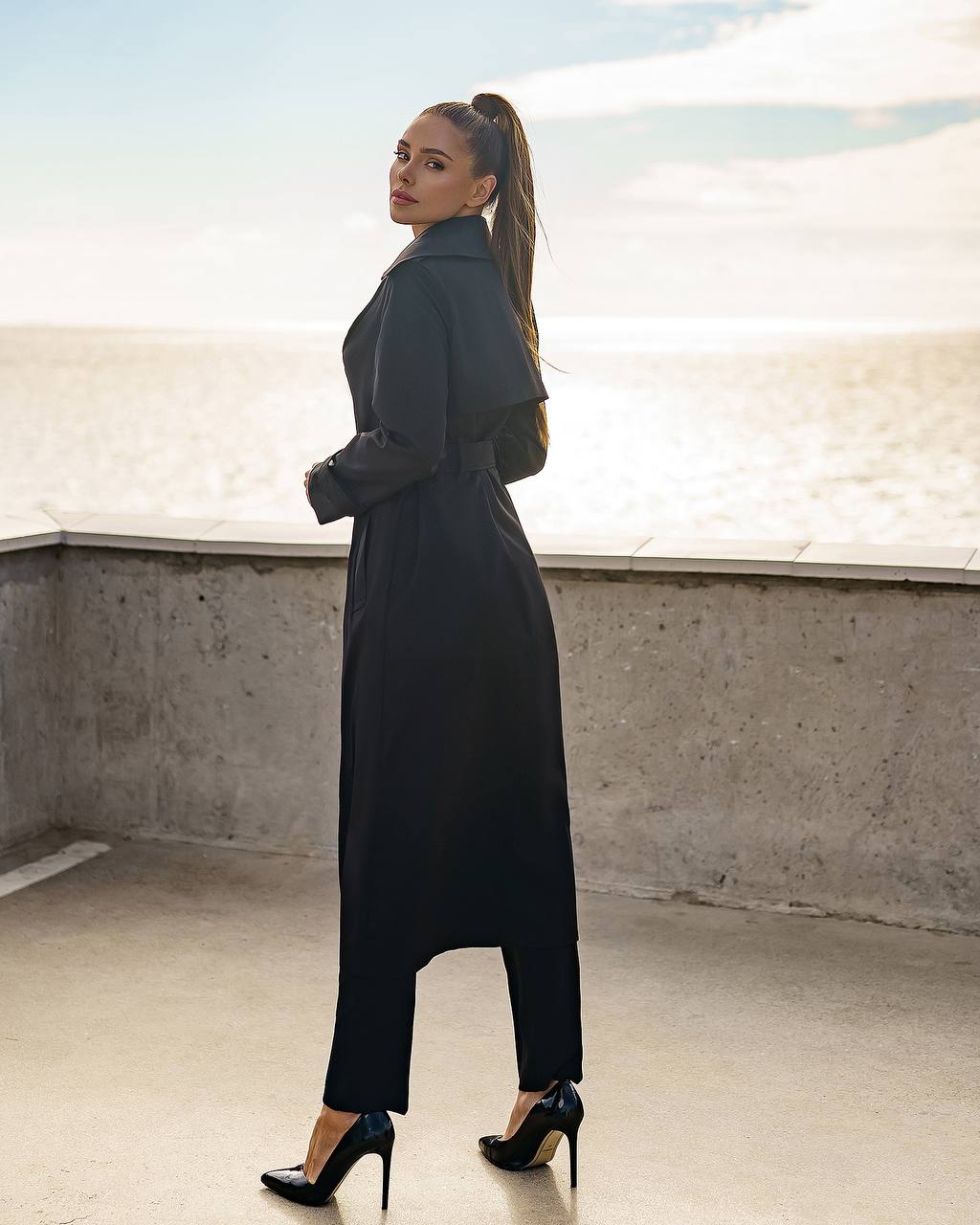 Stylish Black Trench Coat for Women with Belt and Pockets