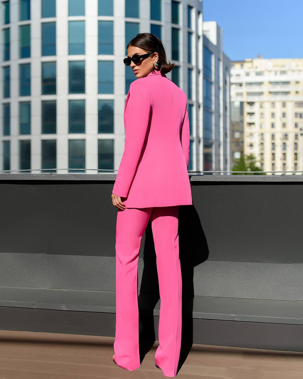 Womens Three Piece Suit with Vest in Vibrant Pink Diagonal Crepe