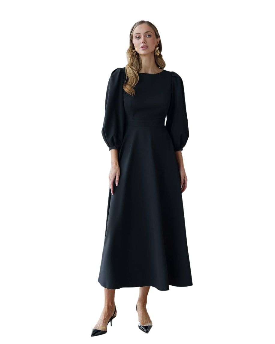 Elegant Midi Dress with Puff Sleeves and Cutout Back in Black