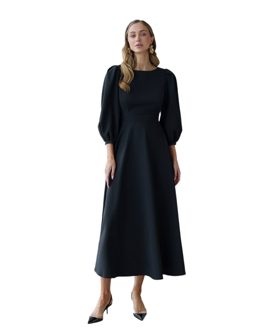 Woman wearing a black dress on a white background