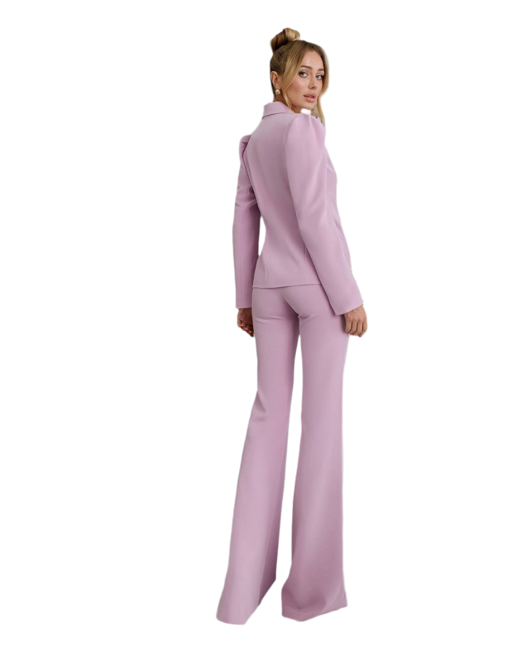 Woman wearing a pink suit on a white background