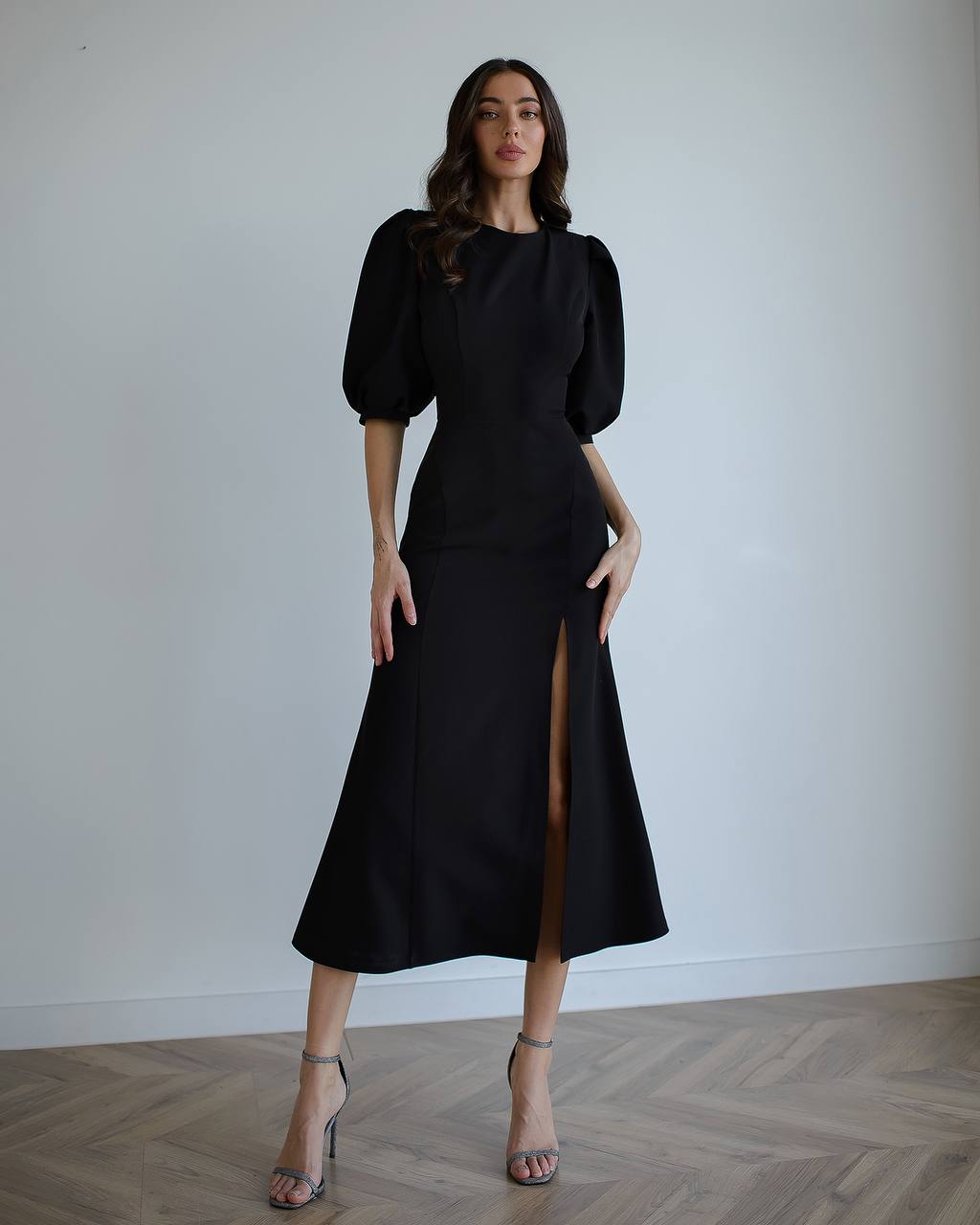 Elegant Women Midi Dress in Premium Diagonal Crepe Fabric