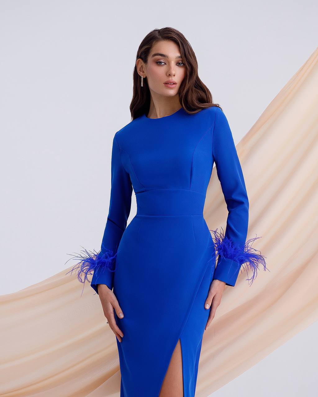 Elegant Midi Dress with Feather Sleeves in Premium Crepe-Diagonal Fabric