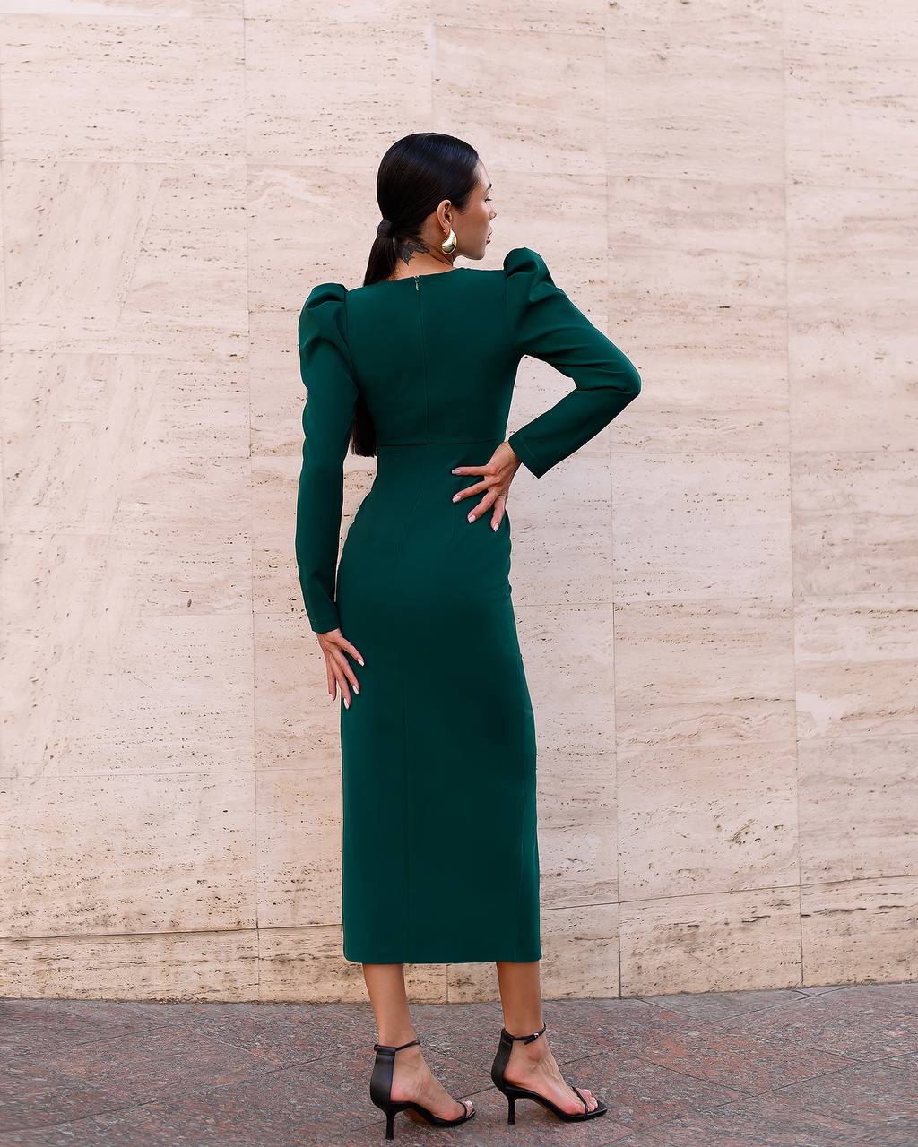 Elegant Green Midi Dress with Puff Sleeves and Front Slit for Women