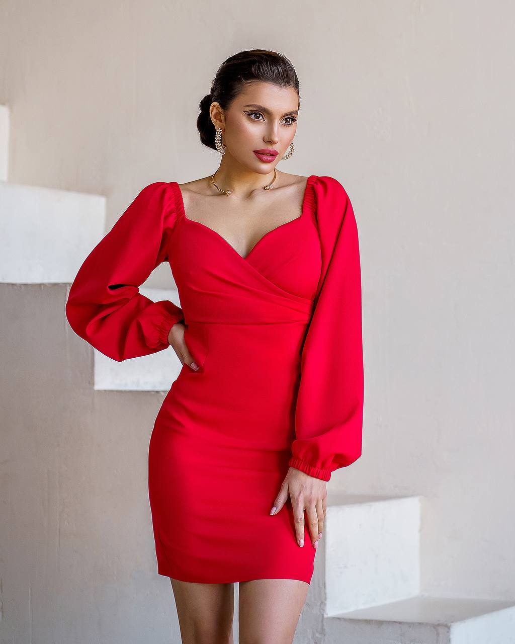 Red Mini Dress with Long Puff Sleeves and Sweetheart Neckline