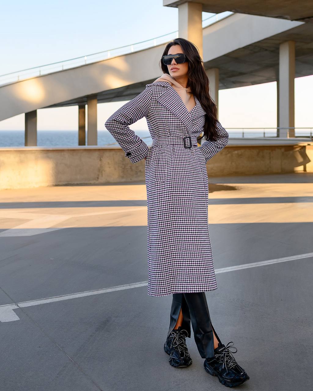 Womens Turkish Fabric Houndstooth Pattern Coat Long Trench Style Belted