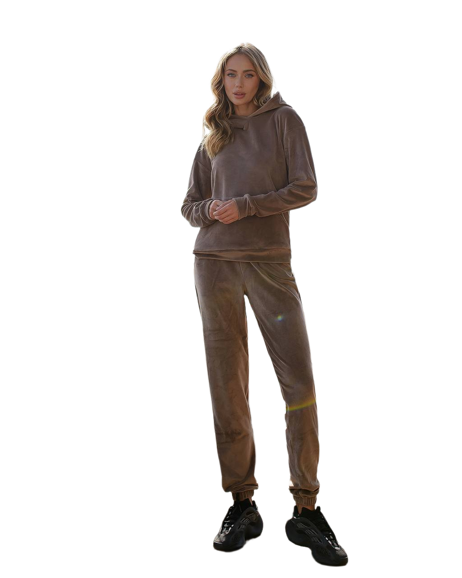 Womens Velour Suit with Double Hood Hoodie and Jogger Pants