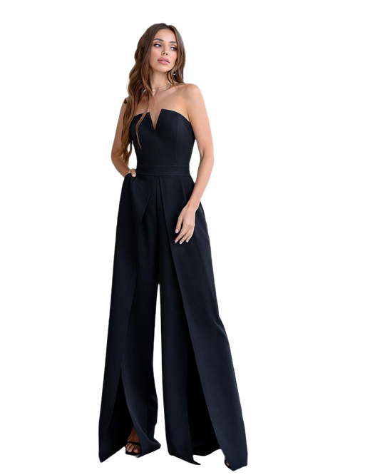 Black Women Jumpsuit Bridal Wedding Bridesmaid Prom Graduation Rehearsal Dinner Corset Top Wide Pants Cullotes Palazzo