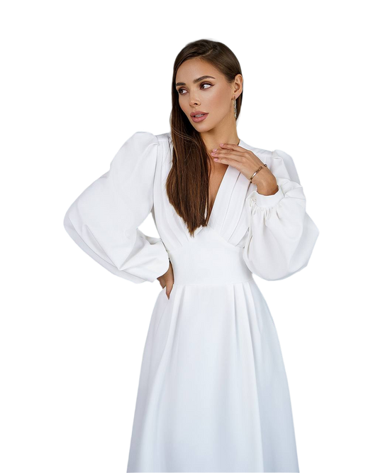 Woman wearing a white dress on a white background