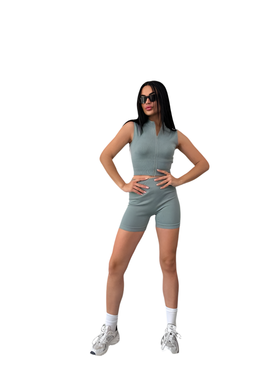 Seamless Ribbed Two-Piece Set with Waist Toning and Zip-Up Top