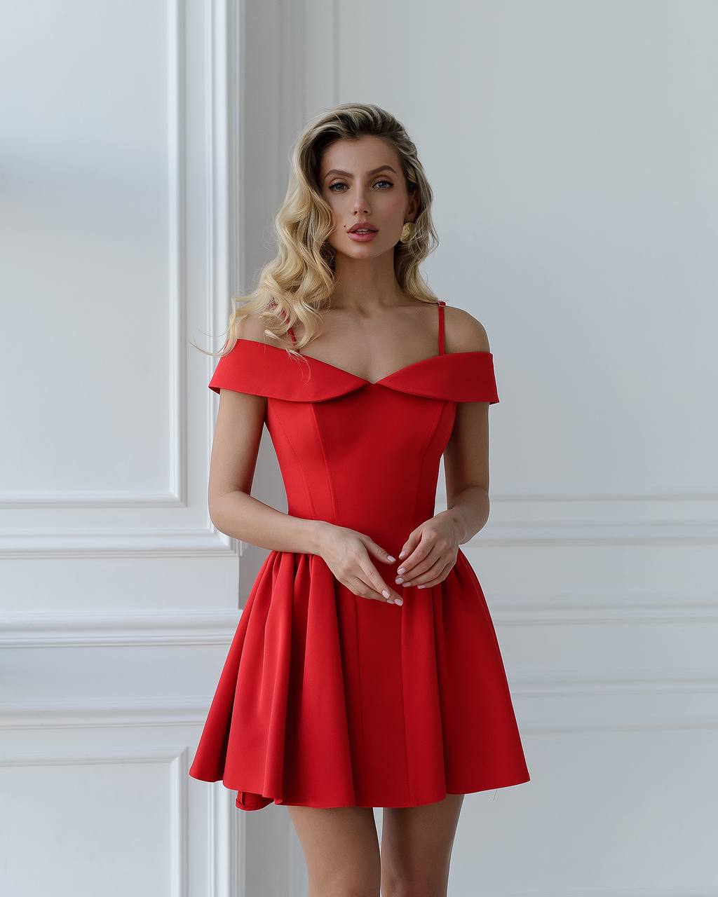 Women Red Off Shoulder Corset Dress in Premium Crepe Fabric