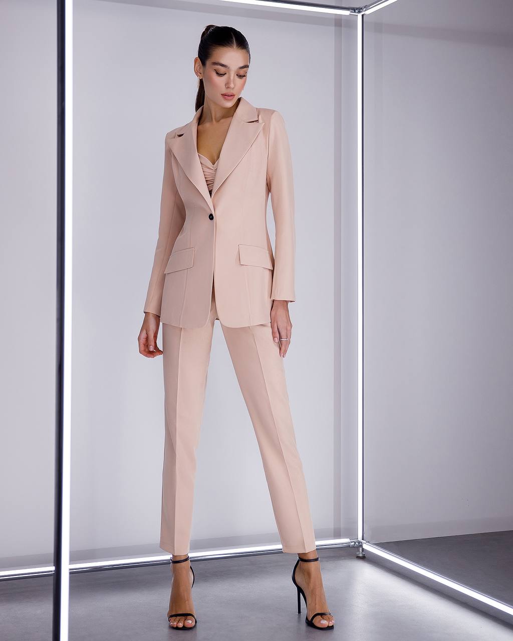 3 Pieces Women Prom Bridal Wedding Cocktail Suit Set Pantsuit Trousers Jacket Pants Top Bra Beige
