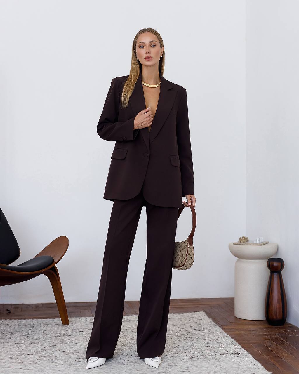 Womens Double Suit Premium Diagonal Crepe Black Chocolate