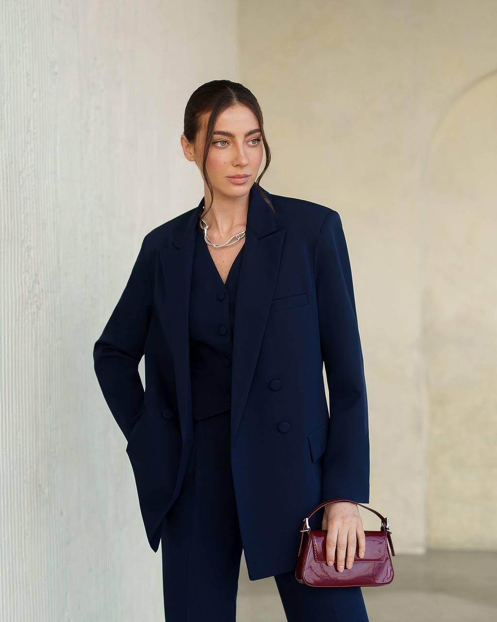 Womens Premium Navy Blue Three Piece Suit Blazer Vest Trousers