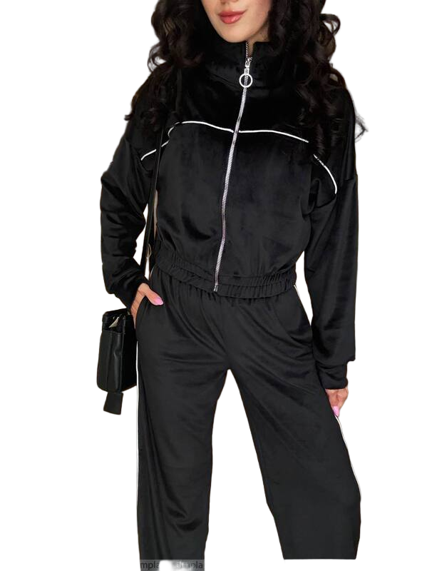 Black tracksuit with white zipper details on a white background